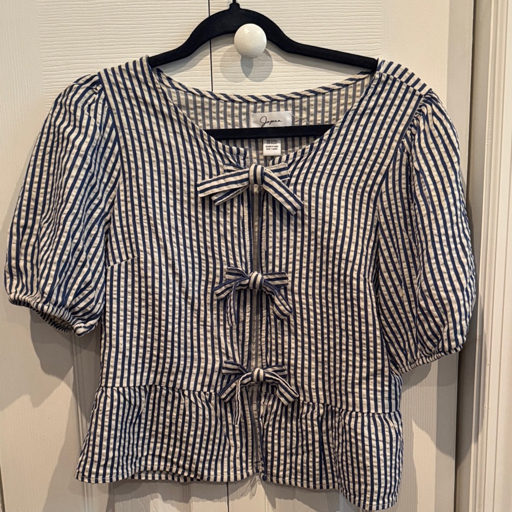 Navy and White Striped Blouse with Bow Details Sz L